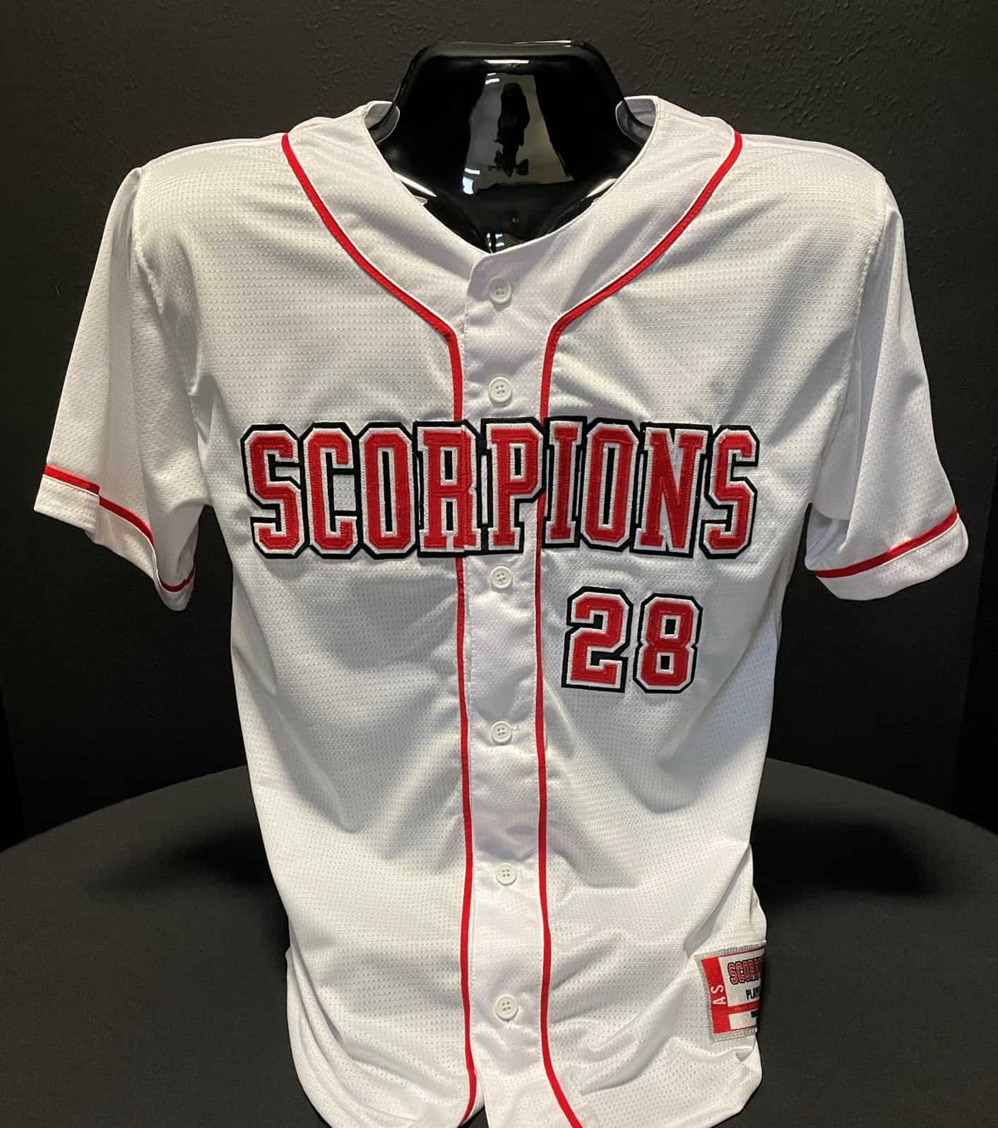 Scorpions Baseball custom jersey created at Dugout Sports in Spring, TX!  Create your own custom uniforms at www.garbathletics.com!