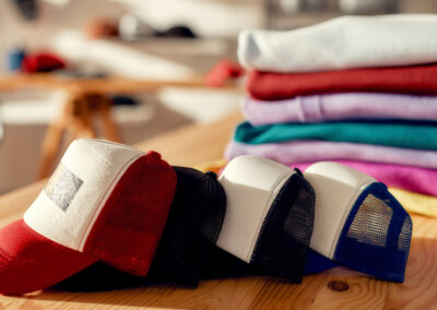 Four baseball caps of differing colors are linked together on a wooden table. Behind them is a pile of folded sweaters.