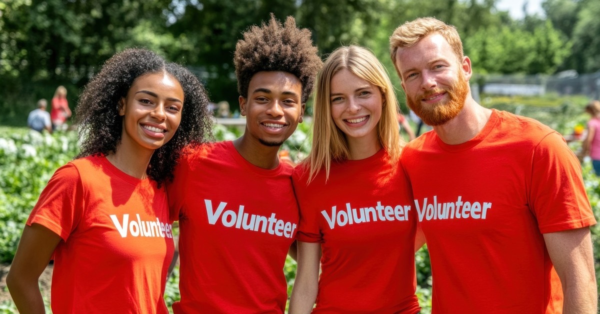 Group of cheerful volunteers wearing matching red t-shirts with 'Volunteer' text, standing outdoors and smiling, showcasing unity and teamwork.