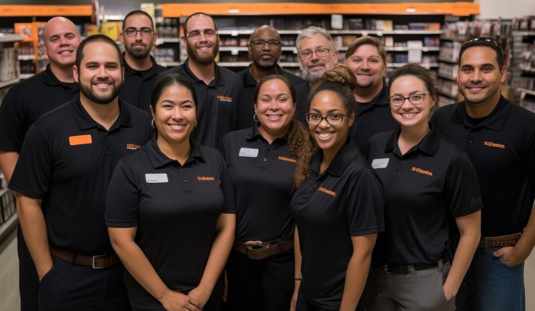 Smiling team of employees wearing coordinated black uniforms with name tags, standing in a store aisle, representing professionalism and collaboration.